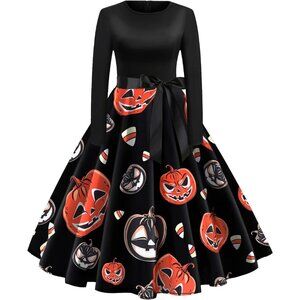 Womens Halloween Dresses Long Sleeve Cocktail Swing Dress Cosplay Party Costume